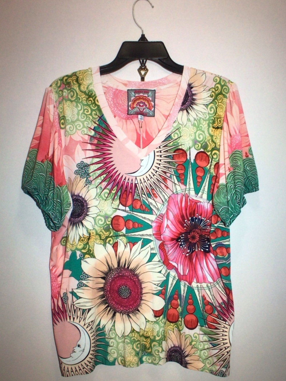 Johnny Was Pink & Green Floral V-Neck Short Sleeve Top
